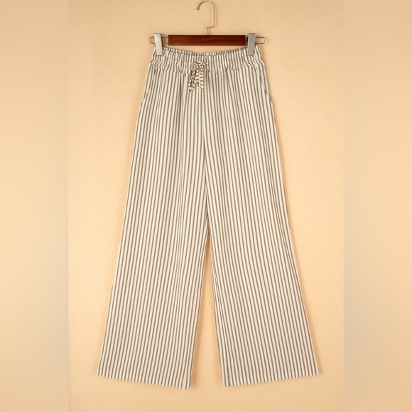 Khaki Stripe Print Wide Leg Drawstring Pants Bohemian - Picture 6 of 8